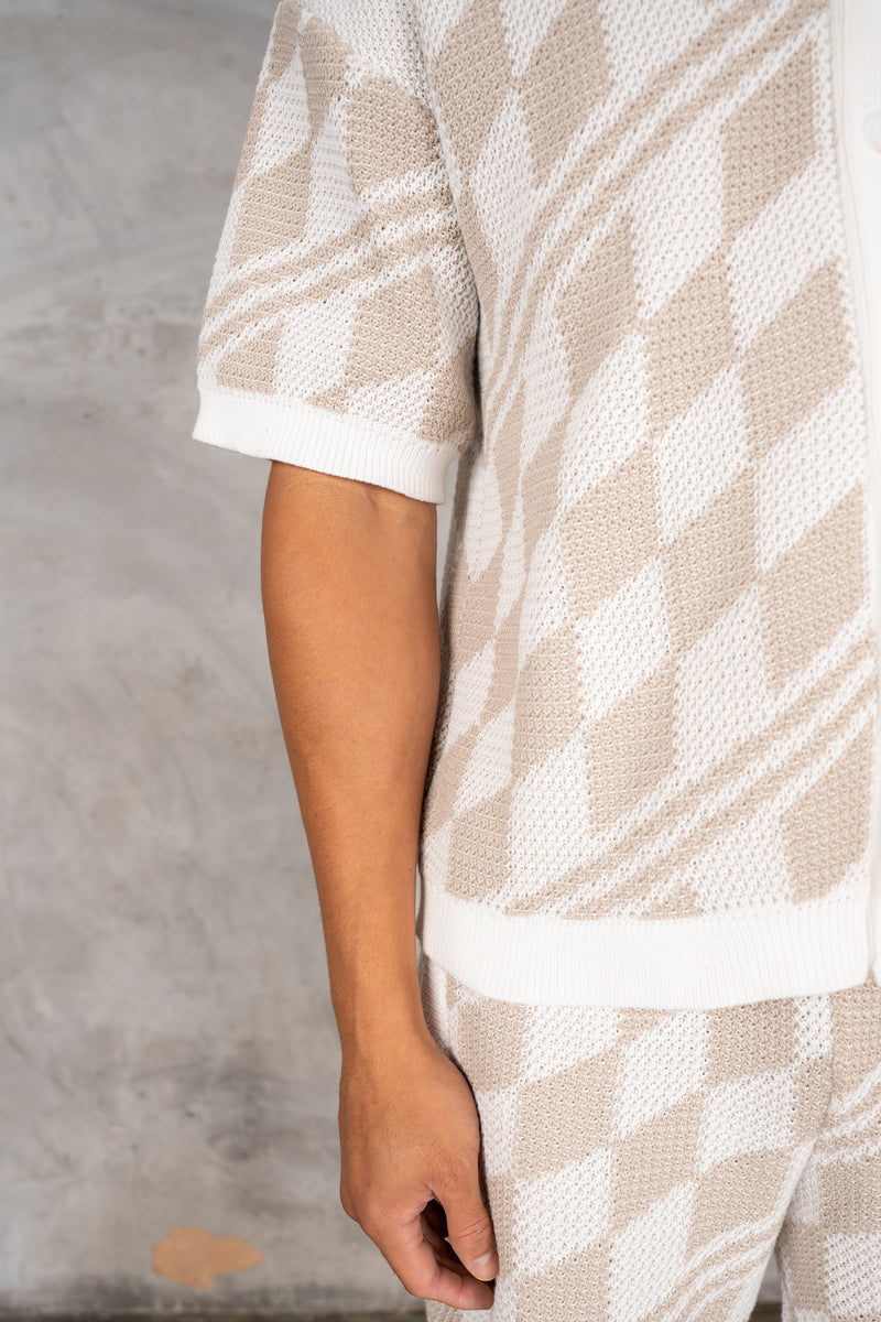 Boxy Checked Knitted Shirt - Taupe