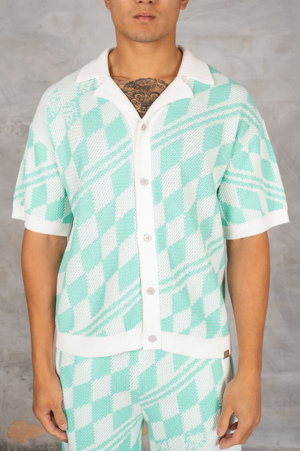 Boxy Checked Knitted Shirt - Mint