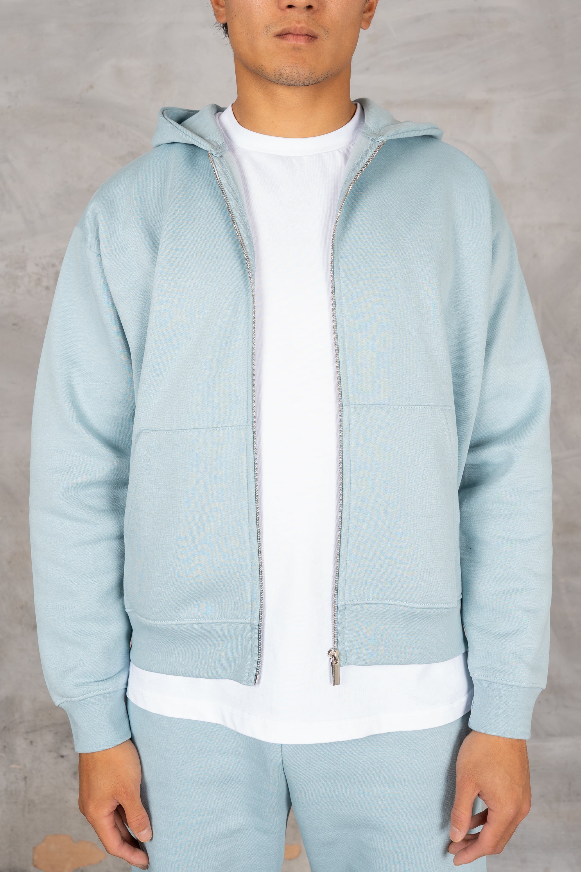 Oversized Boxy Zip Through Hoodie - Light Blue
