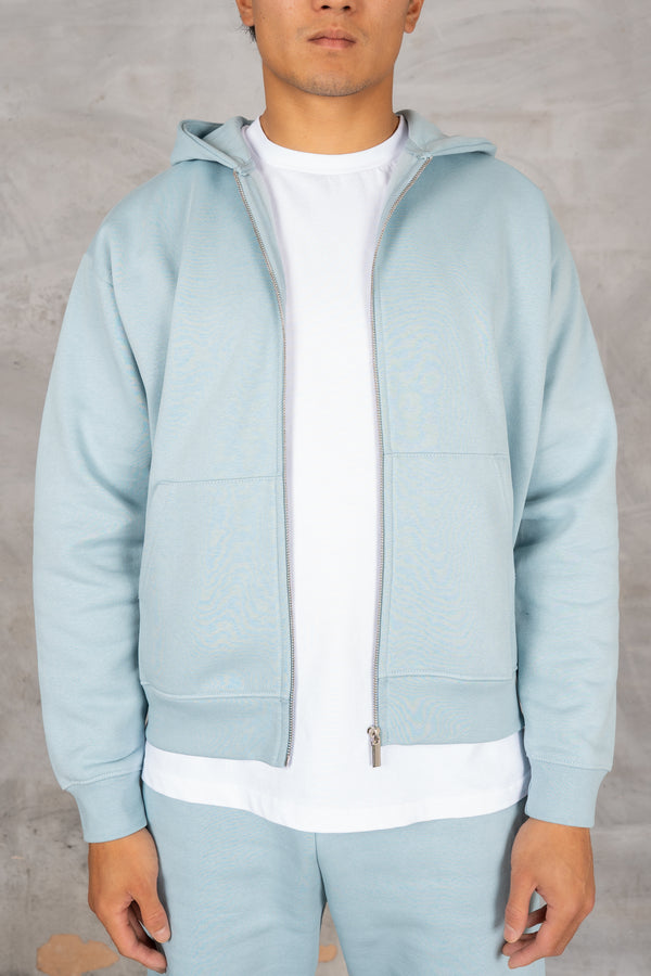 Oversized Boxy Zip Through Hoodie - Light Blue