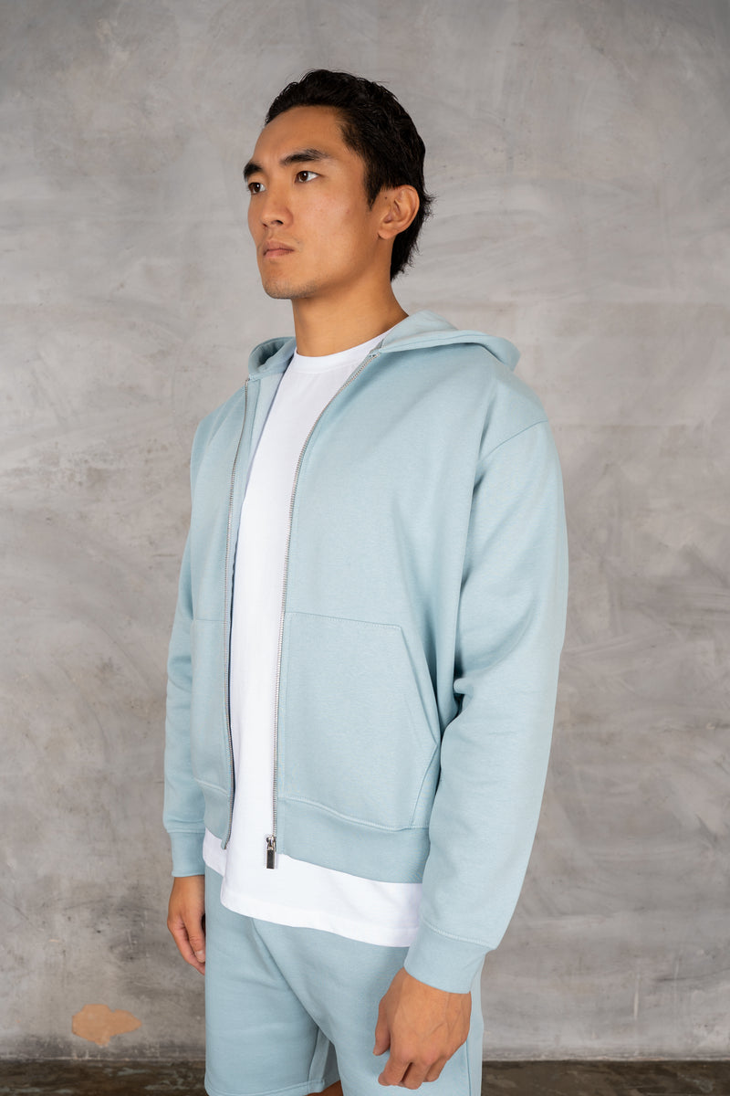 Oversized Boxy Zip Through Hoodie - Light Blue