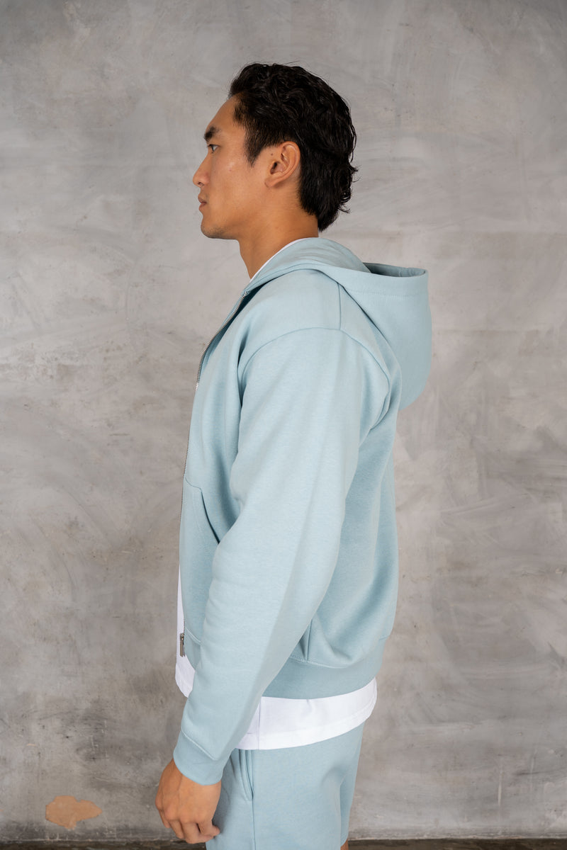 Oversized Boxy Zip Through Hoodie - Light Blue