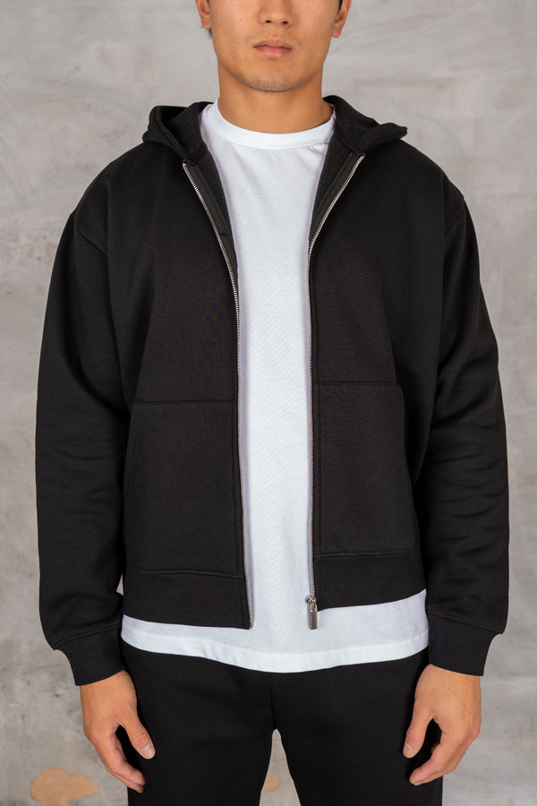 Oversized Boxy Zip Through Hoodie - Black