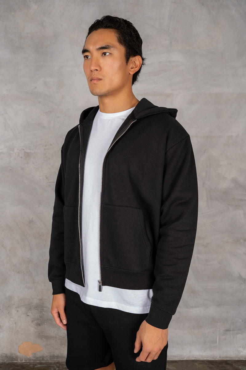 Oversized Boxy Zip Through Hoodie - Black