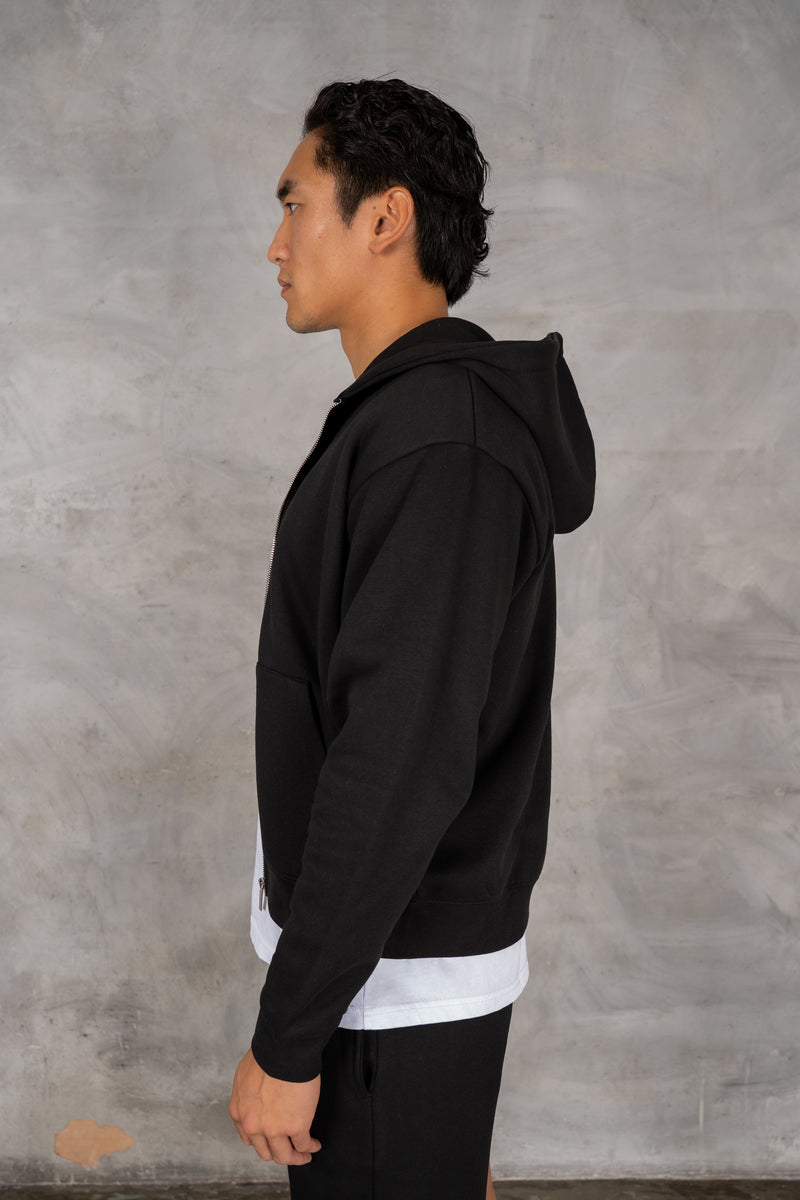 Oversized Boxy Zip Through Hoodie - Black