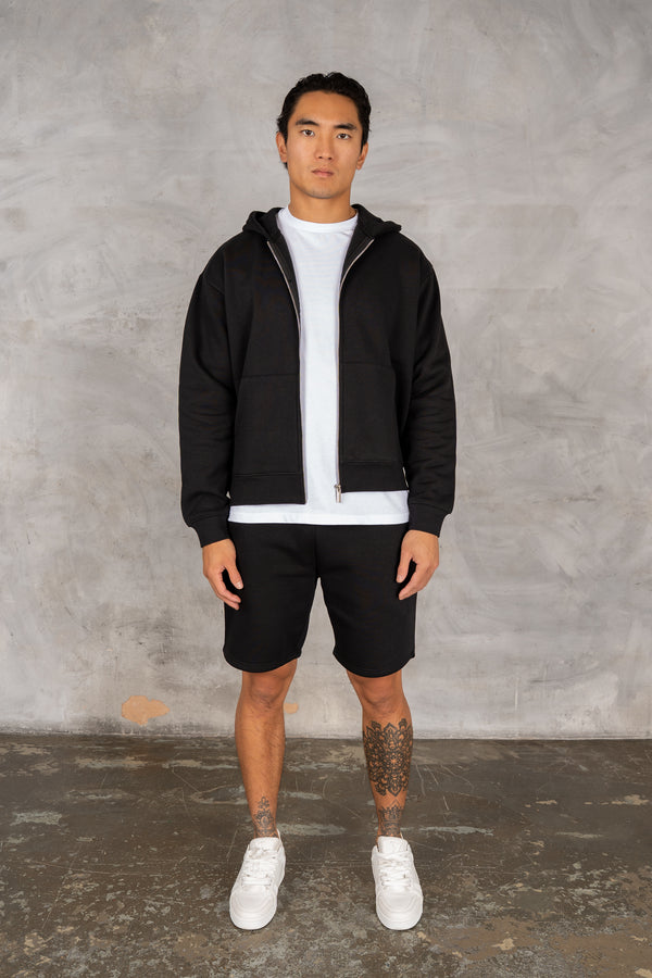 Oversized Boxy Zip Through Hoodie - Black