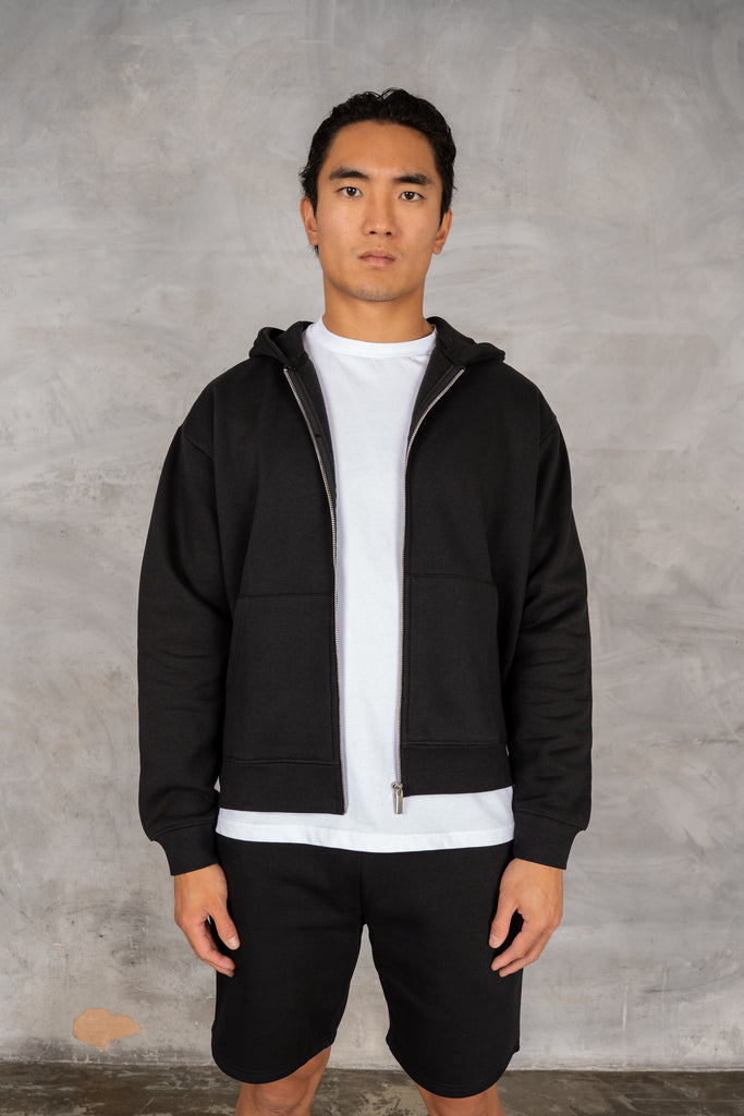 Oversized Boxy Zip Through Hoodie - Black