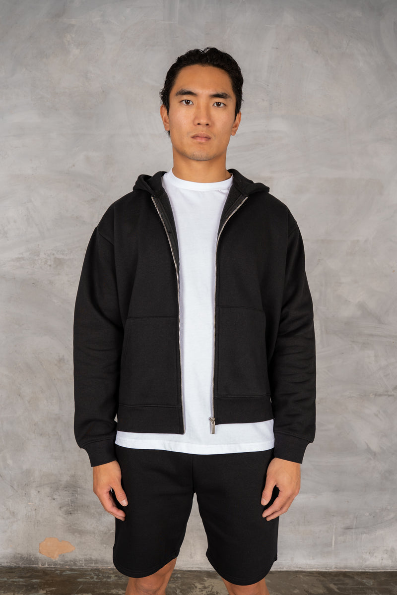 Oversized Boxy Zip Through Hoodie - Black