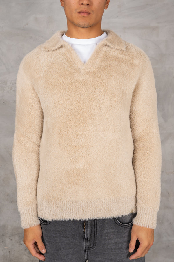 Open Neck Mohair Polo Pullover - Taupe