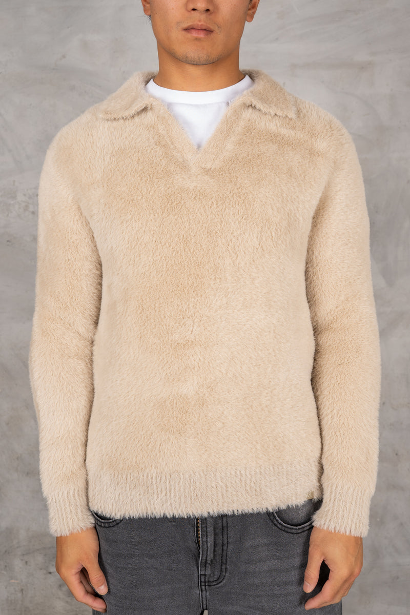 Open Neck Mohair Polo Pullover - Taupe