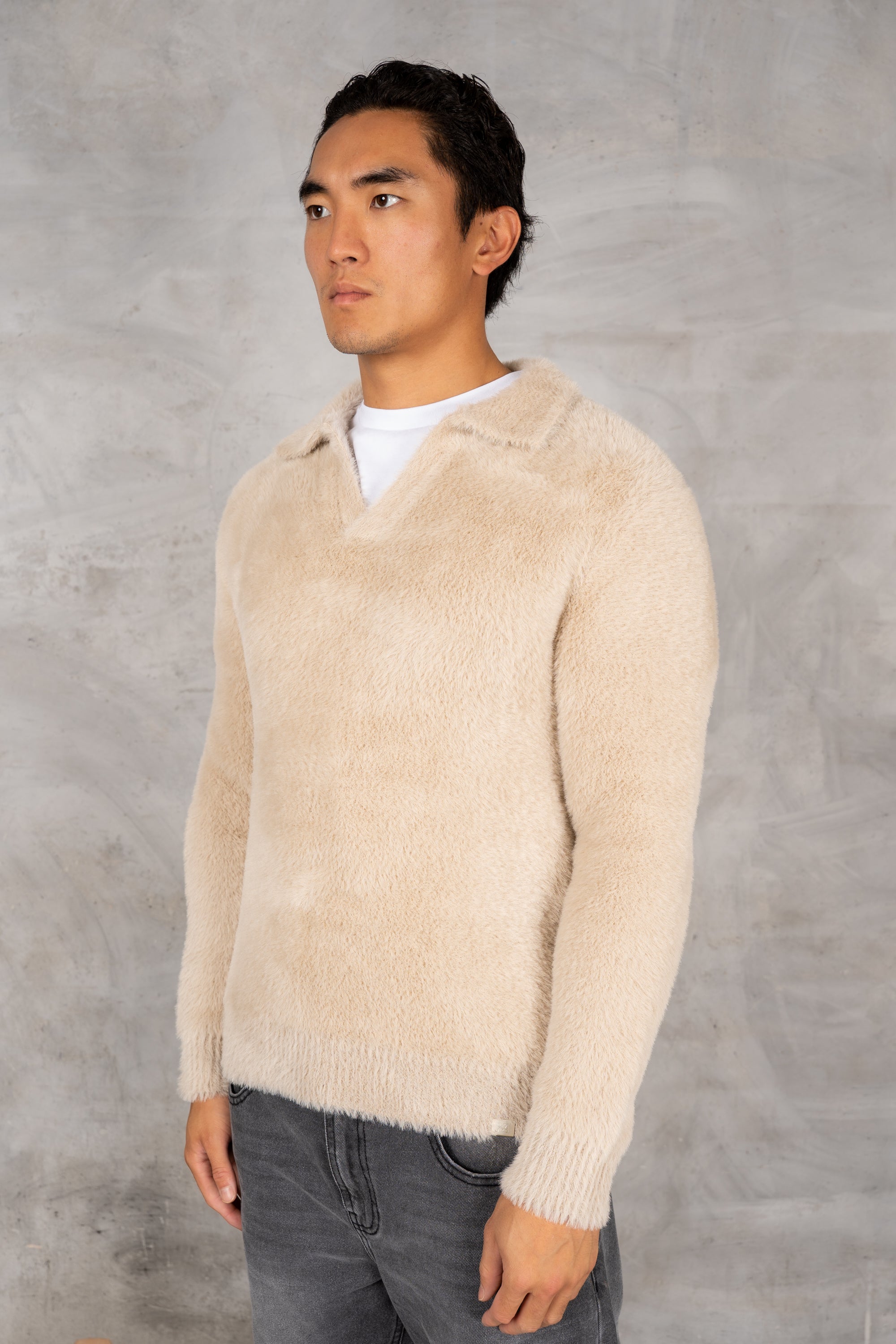 Open Neck Mohair Polo Pullover - Taupe