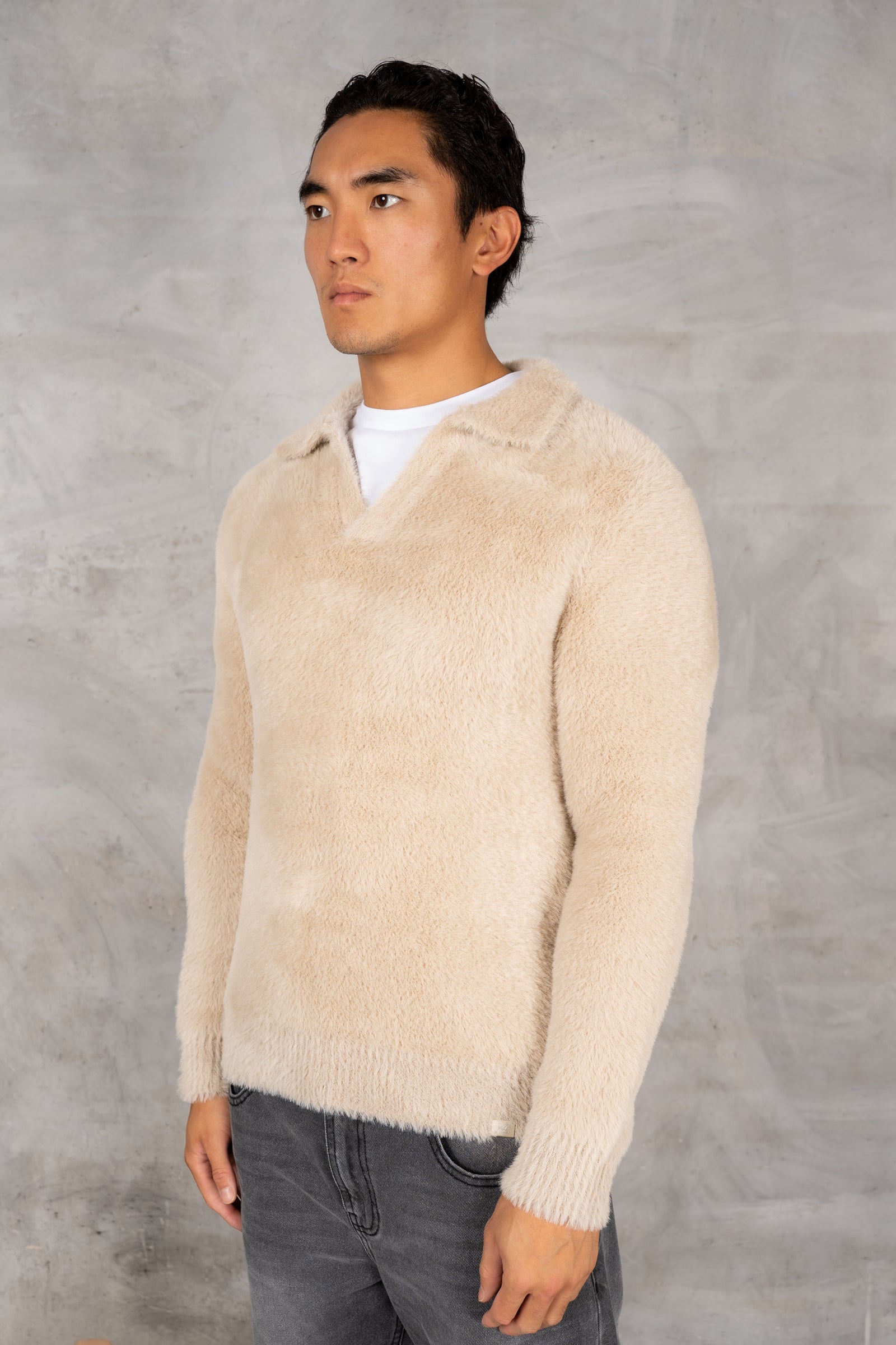 Open Neck Mohair Polo Pullover - Taupe – JK Attire