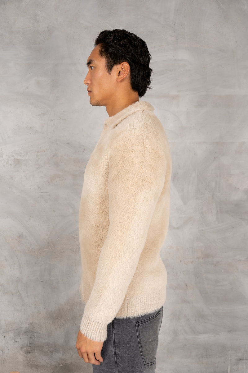 Open Neck Mohair Polo Pullover - Taupe