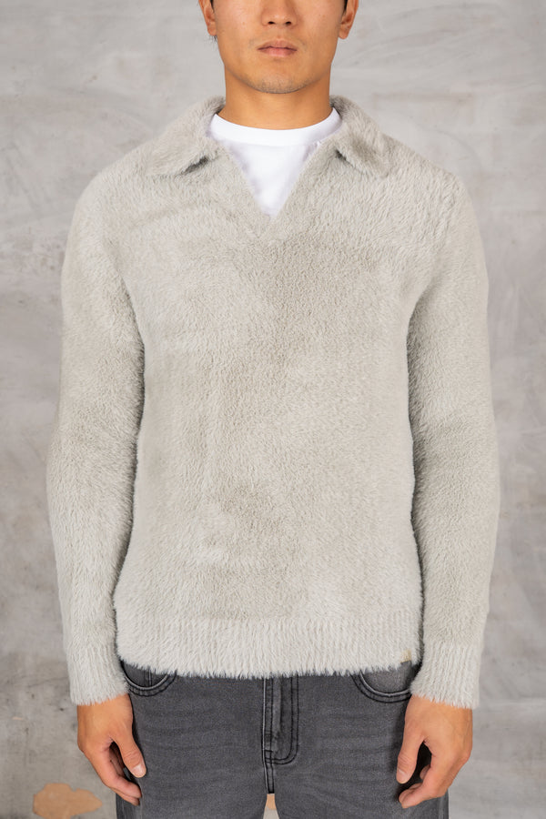 Open Neck Mohair Polo Pullover - Grey