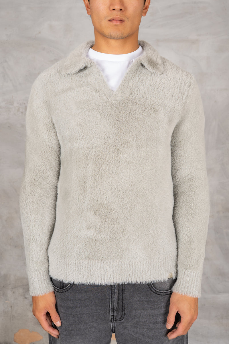 Open Neck Mohair Polo Pullover - Grey