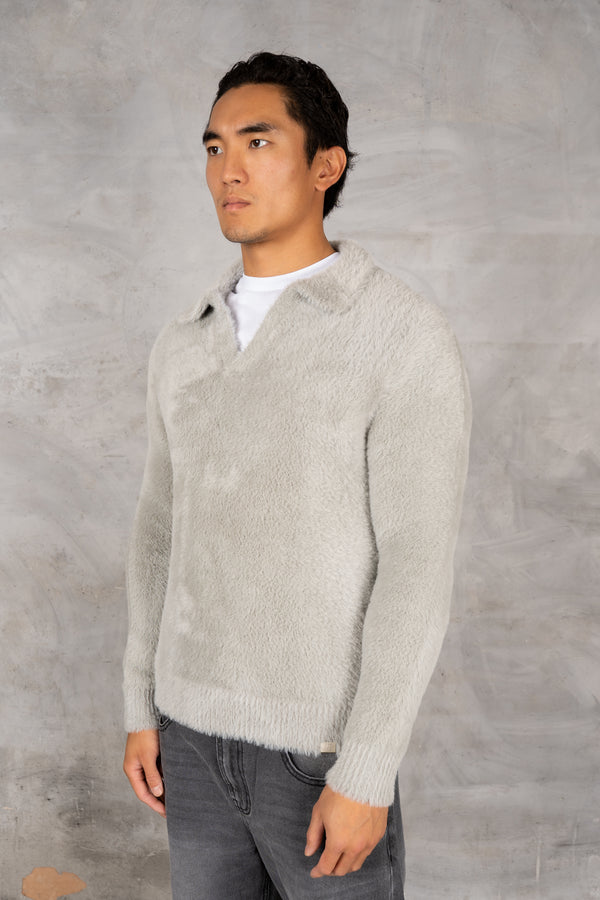 Open Neck Mohair Polo Pullover - Grey