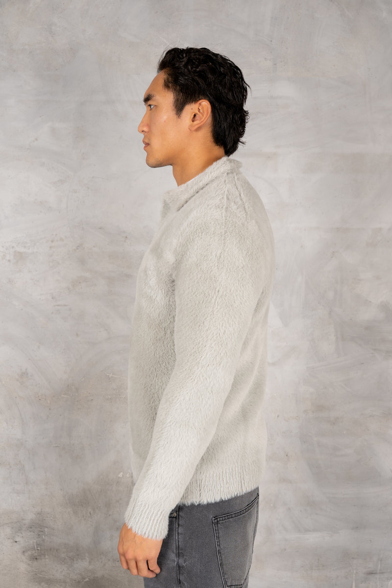 Open Neck Mohair Polo Pullover - Grey