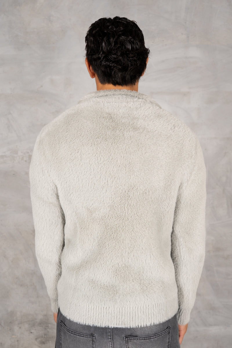 Open Neck Mohair Polo Pullover - Grey
