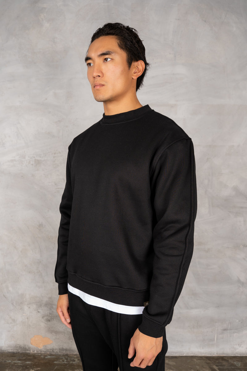 Extended Neck Crew Neck Sweatshirt - Black