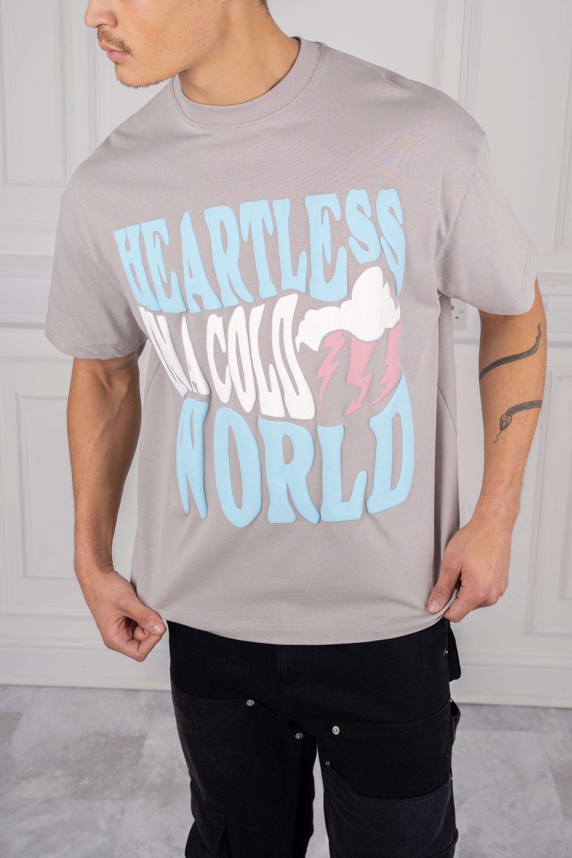 Heartless Oversized Puff Print T-Shirt - Grey