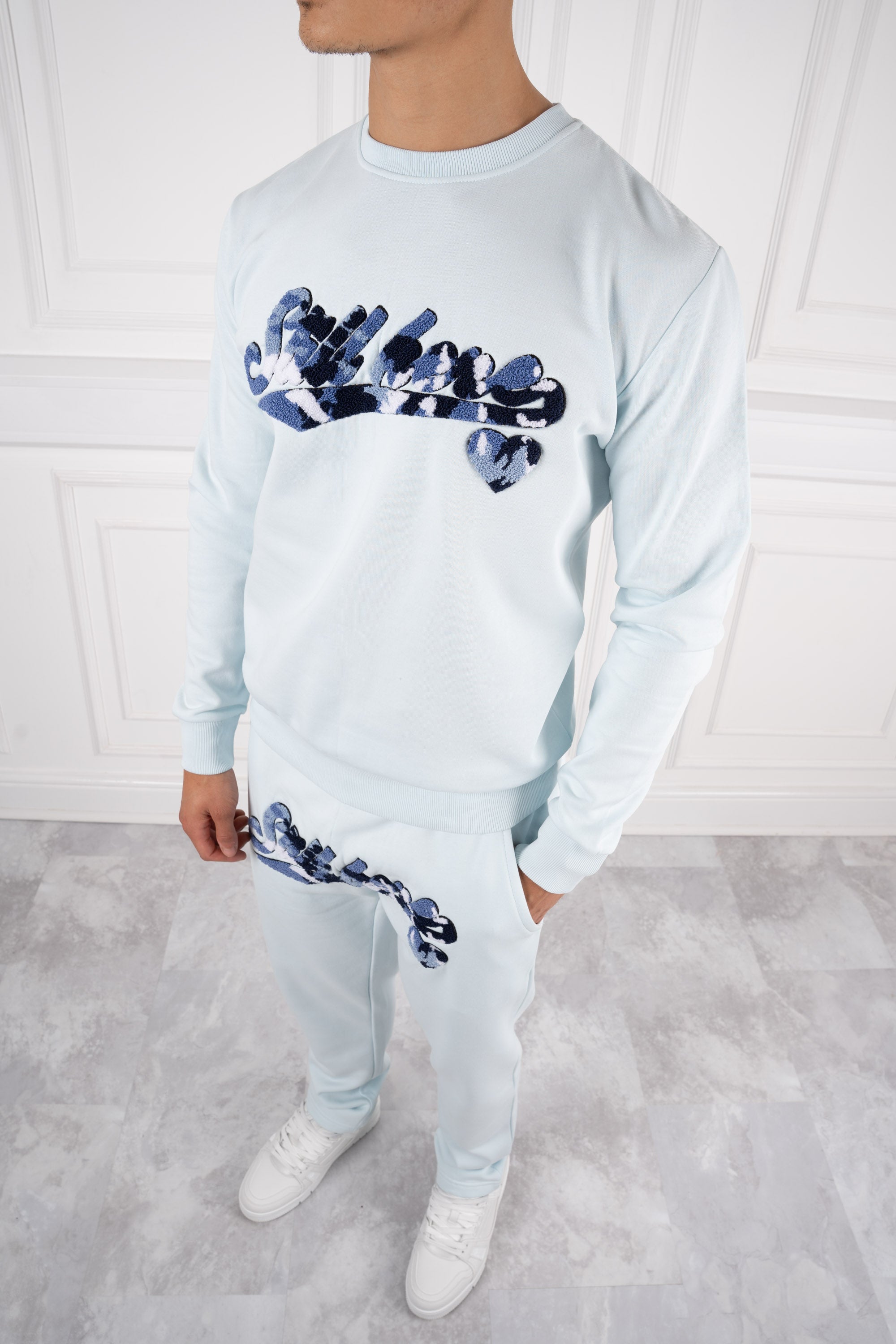 Still Here Varsity Crest Crewneck Full Tracksuit - Pale Blue