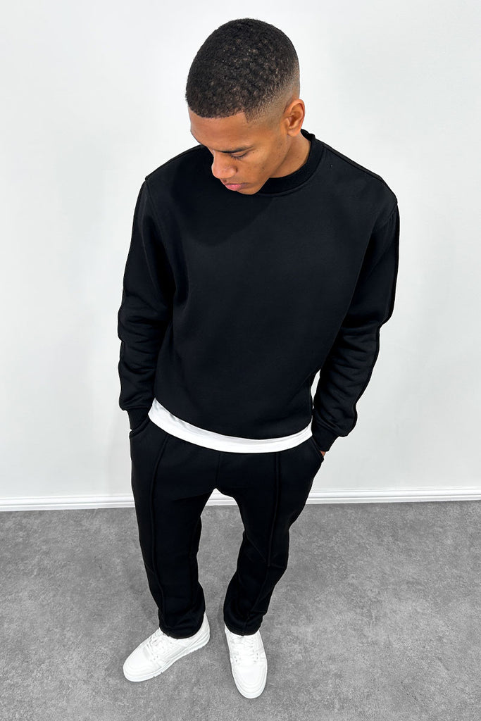 Extended Neck Crew Neck Sweatshirt - Black