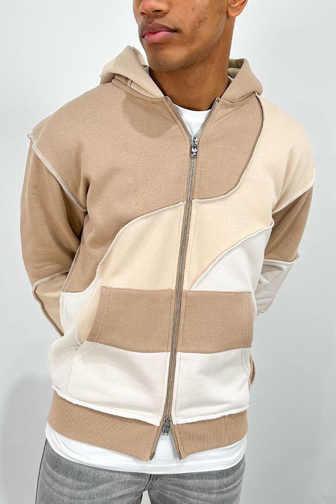 Cut and Sew Panel Double Zip Hoodie - Stone