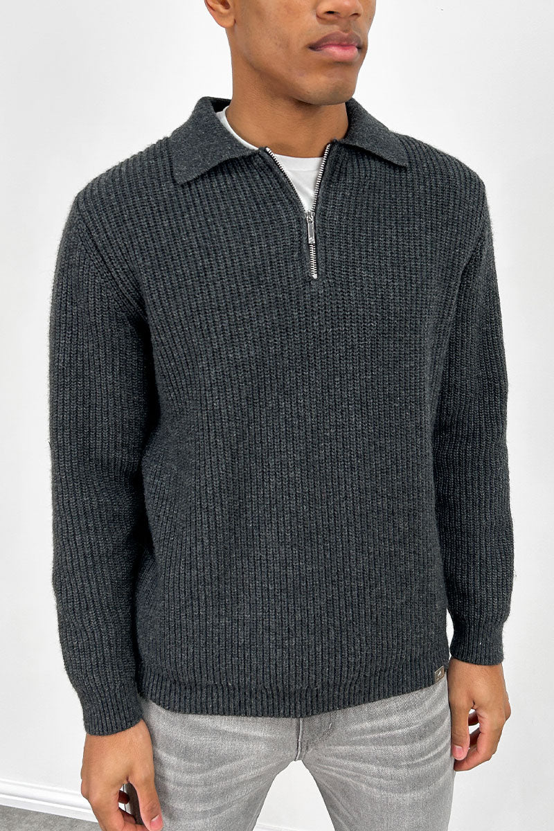 Ribbed Oversized Quarter-Zip Jumper - Grey