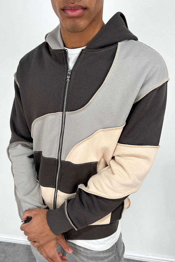 Cut and Sew Panel Double Zip Hoodie - Charcoal