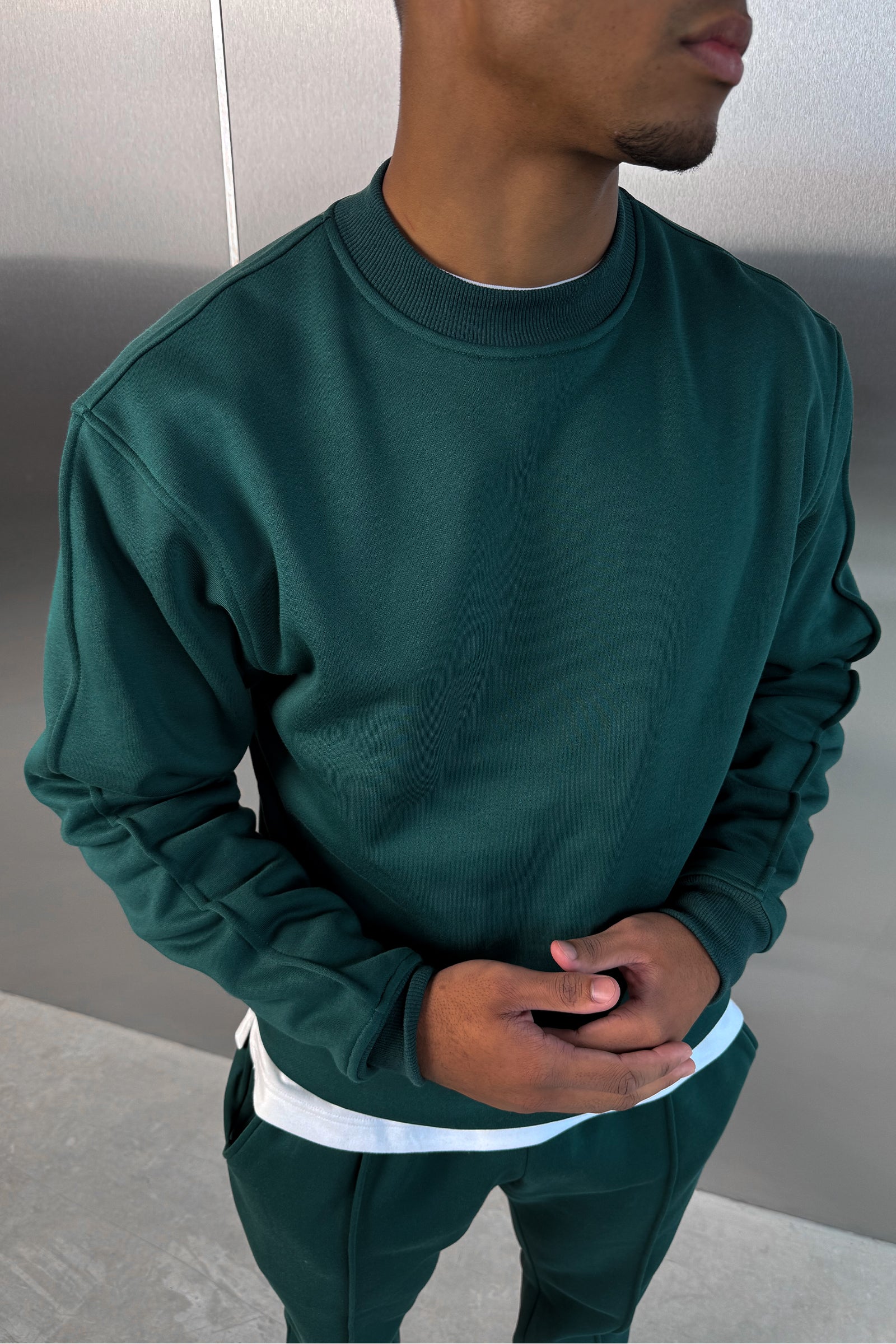 Extended Neck Crew Neck Sweatshirt - Dark Teal