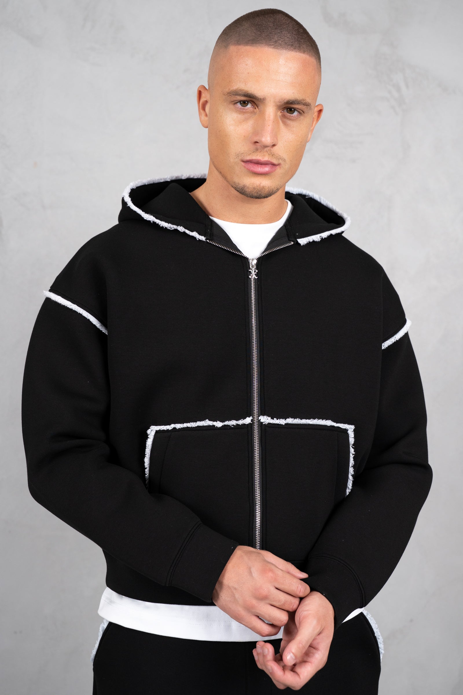 Distressed Hem Scuba Hoodie - Black