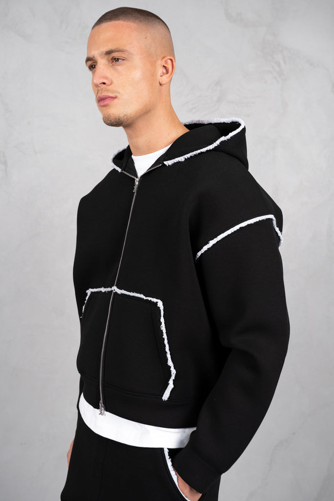 Distressed Hem Scuba Hoodie - Black
