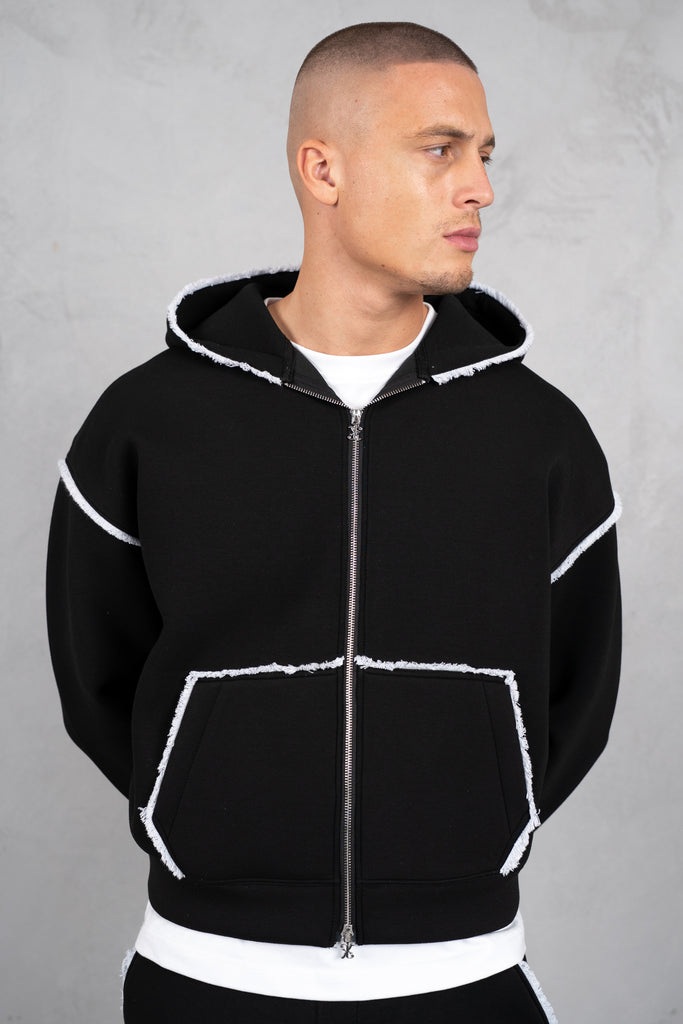 Distressed Hem Scuba Hoodie - Black