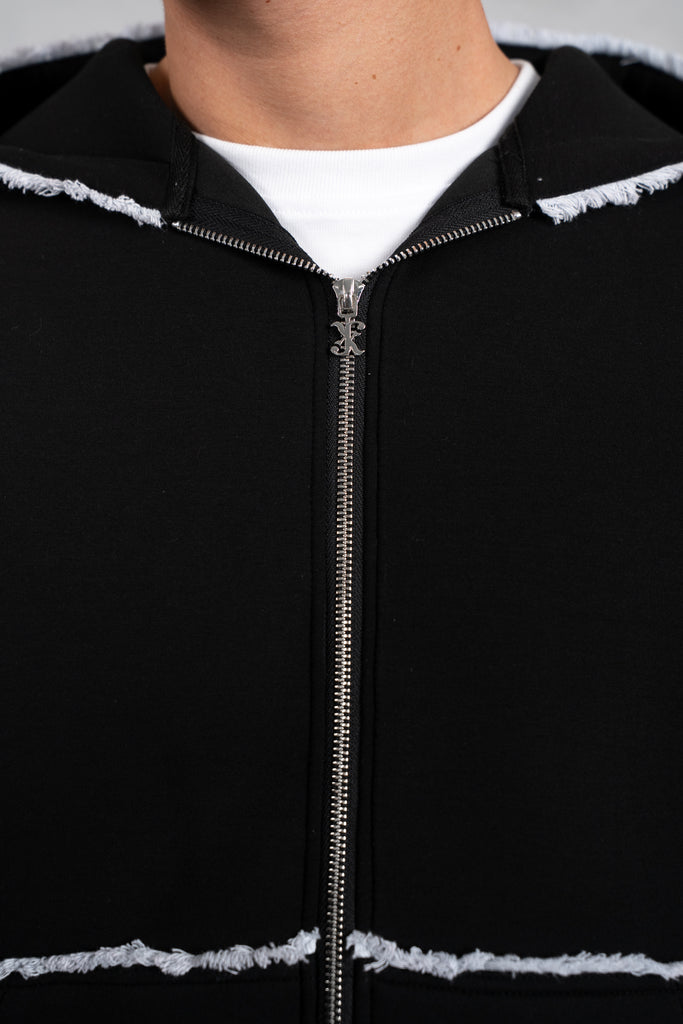 Distressed Hem Scuba Hoodie - Black