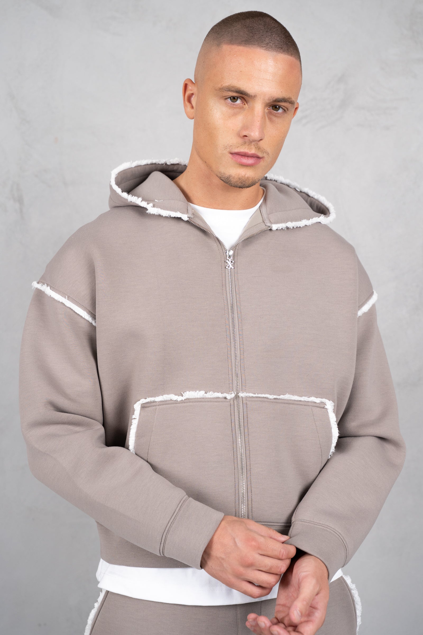 Distressed Hem Scuba Hoodie - Grey