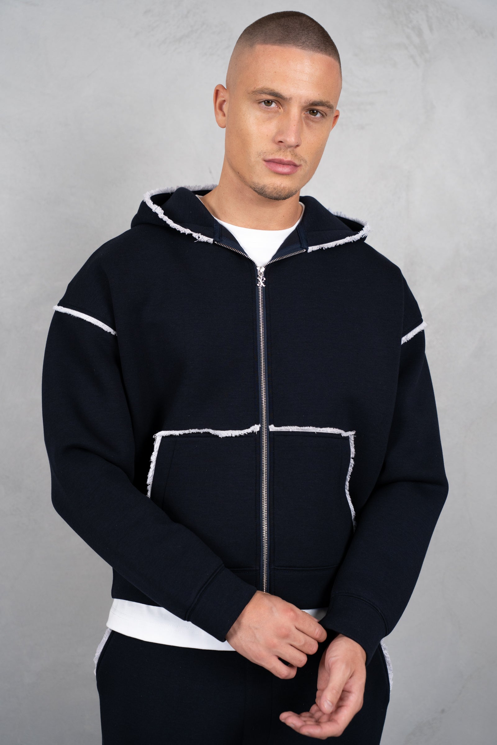 Distressed Hem Scuba Hoodie - Navy