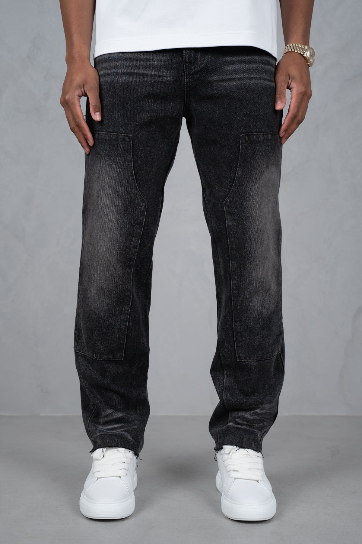Distressed Open Hem Carpenter Denim - Washed Black