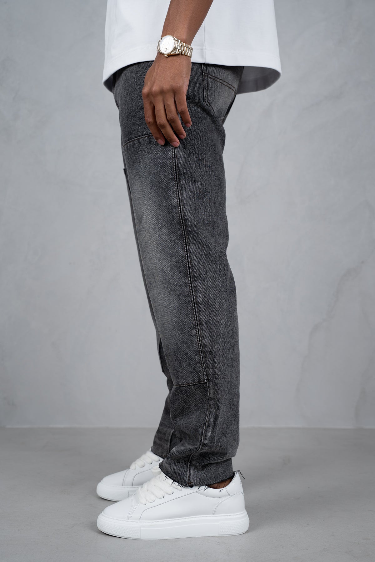 Distressed Open Hem Carpenter Denim - Washed Grey