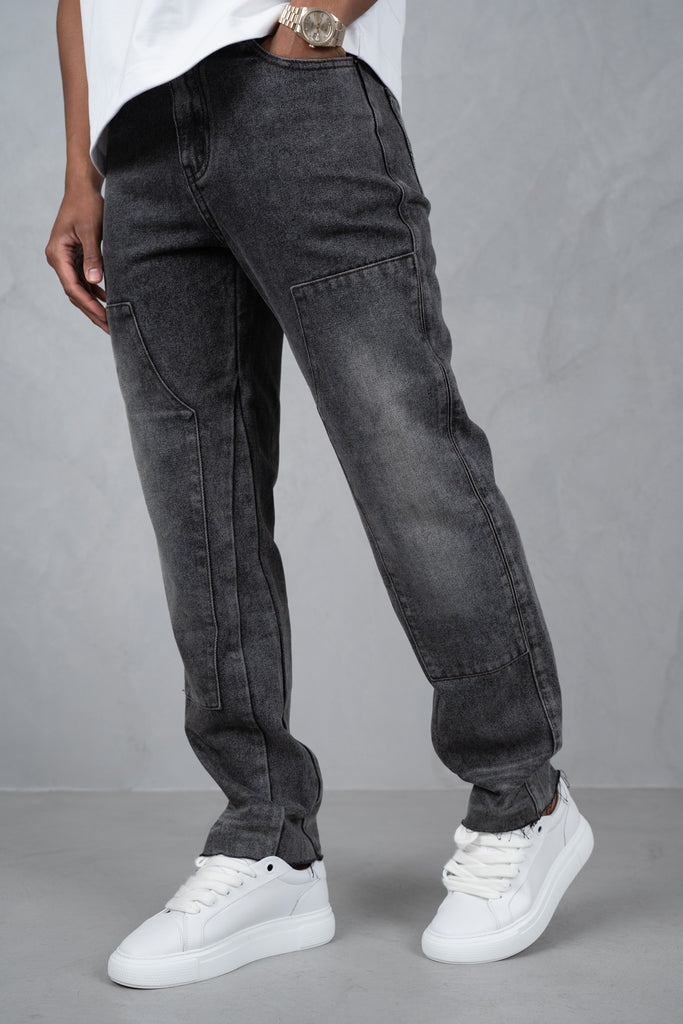 Distressed Open Hem Carpenter Denim - Washed Grey