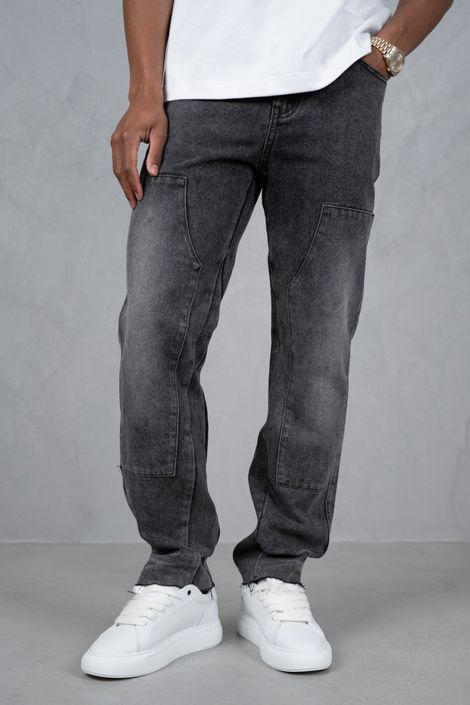 Distressed Open Hem Carpenter Denim - Washed Grey