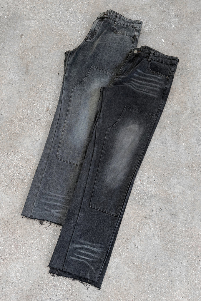 Distressed Open Hem Carpenter Denim - Washed Black