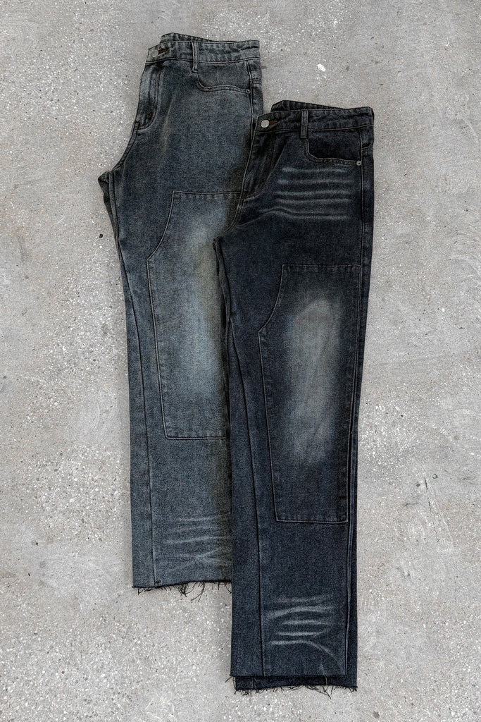 Distressed Open Hem Carpenter Denim - Washed Black