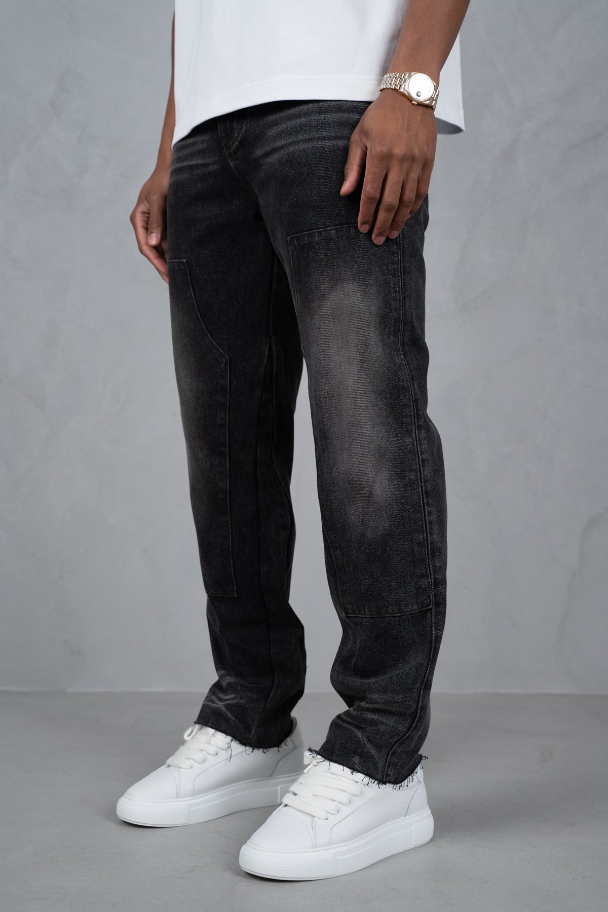 Distressed Open Hem Carpenter Denim - Washed Black