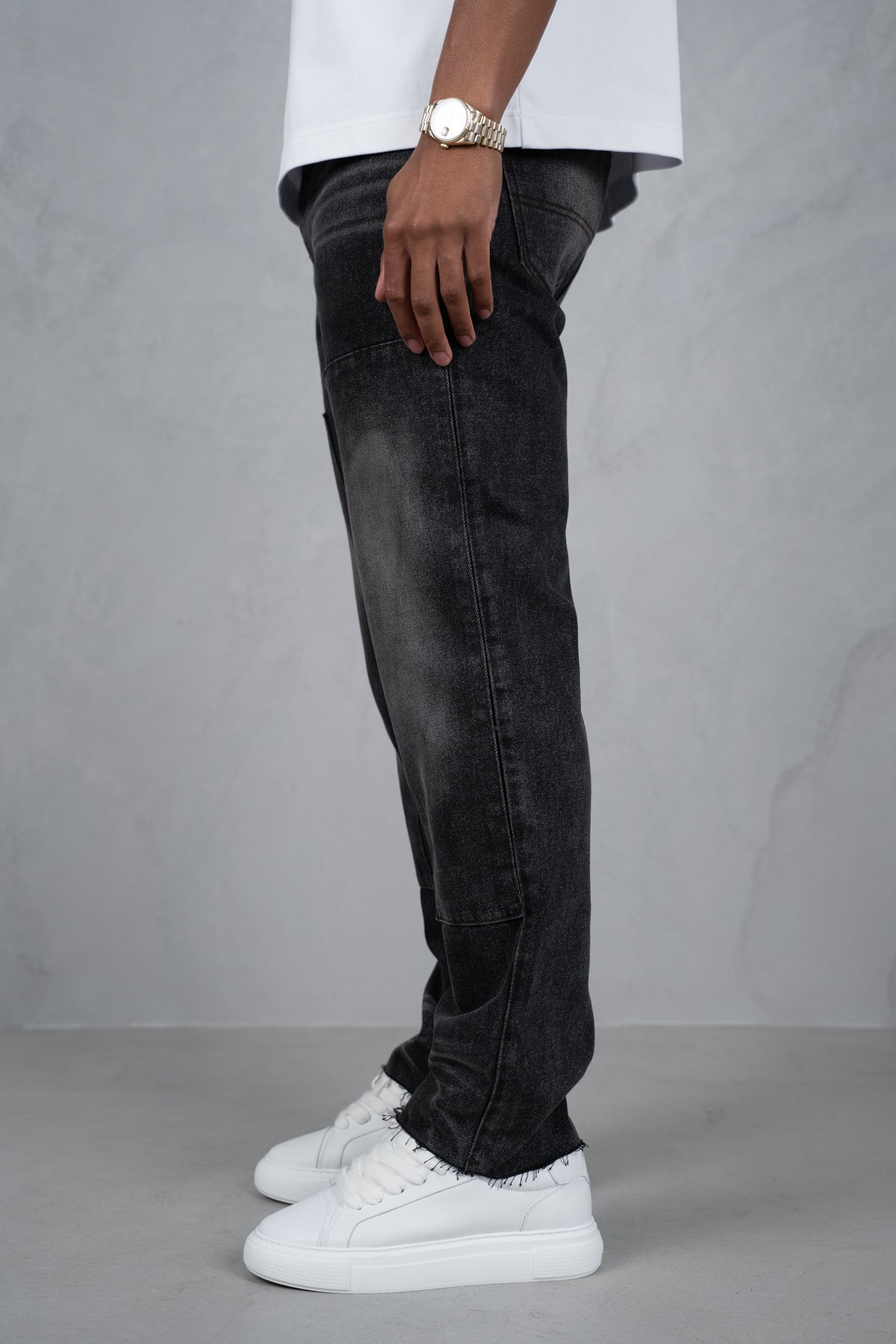 Distressed Open Hem Carpenter Denim - Washed Black