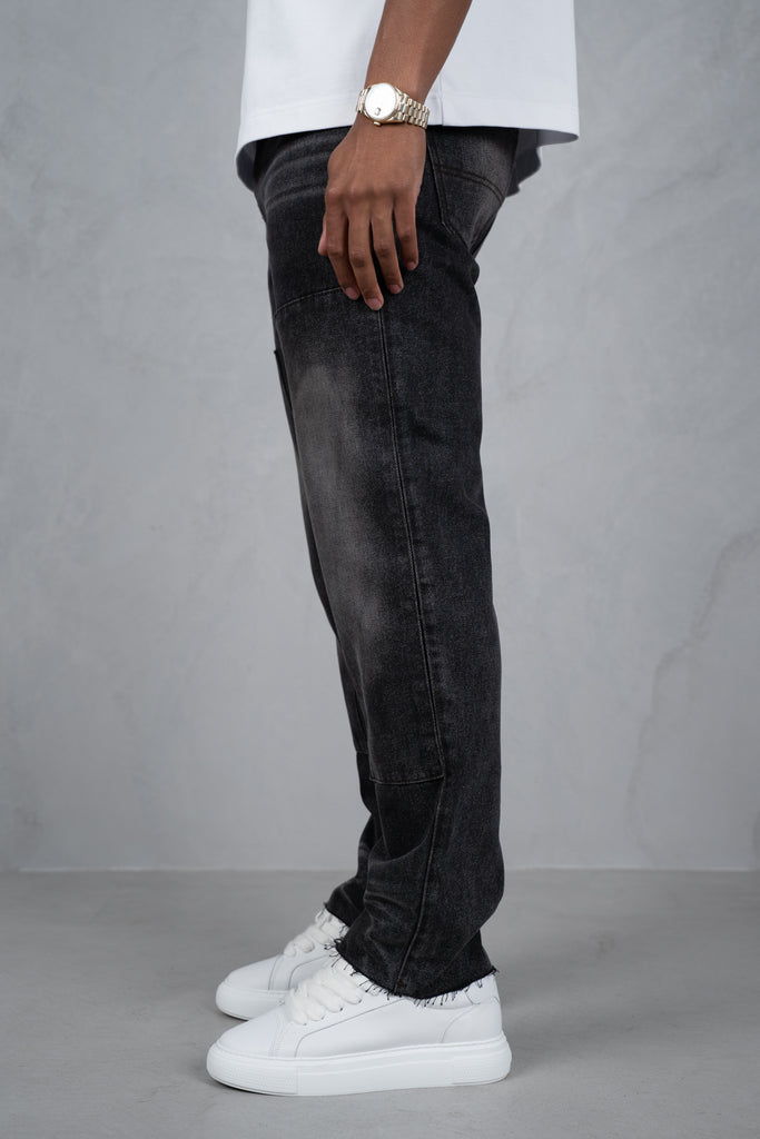 Distressed Open Hem Carpenter Denim - Washed Black