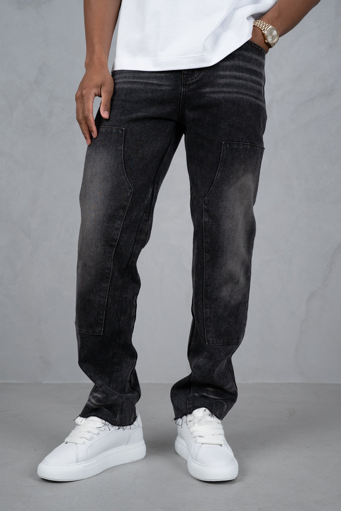 Distressed Open Hem Carpenter Denim - Washed Black