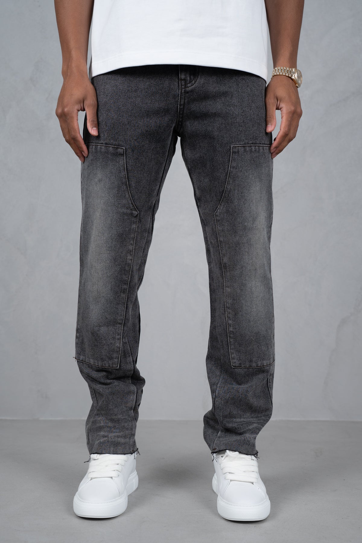 Distressed Open Hem Carpenter Denim - Washed Grey