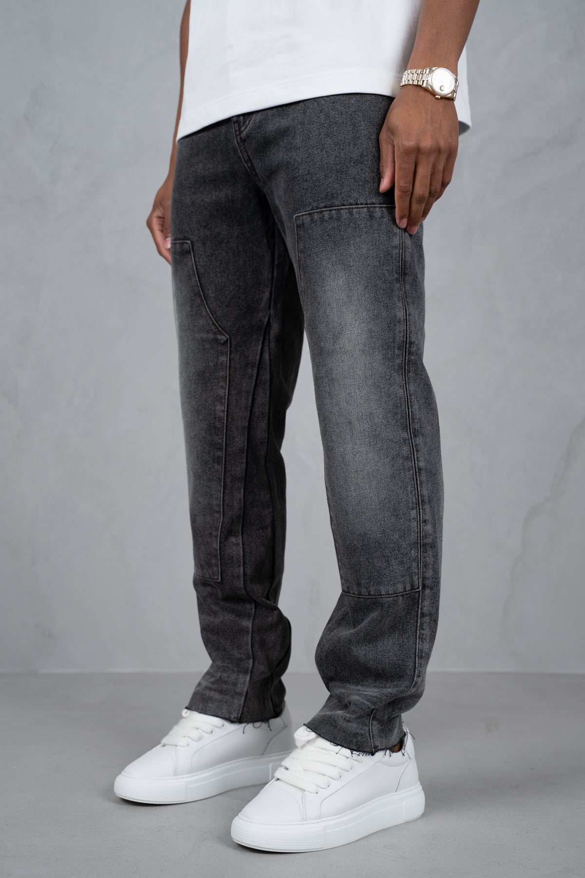 Distressed Open Hem Carpenter Denim - Washed Grey