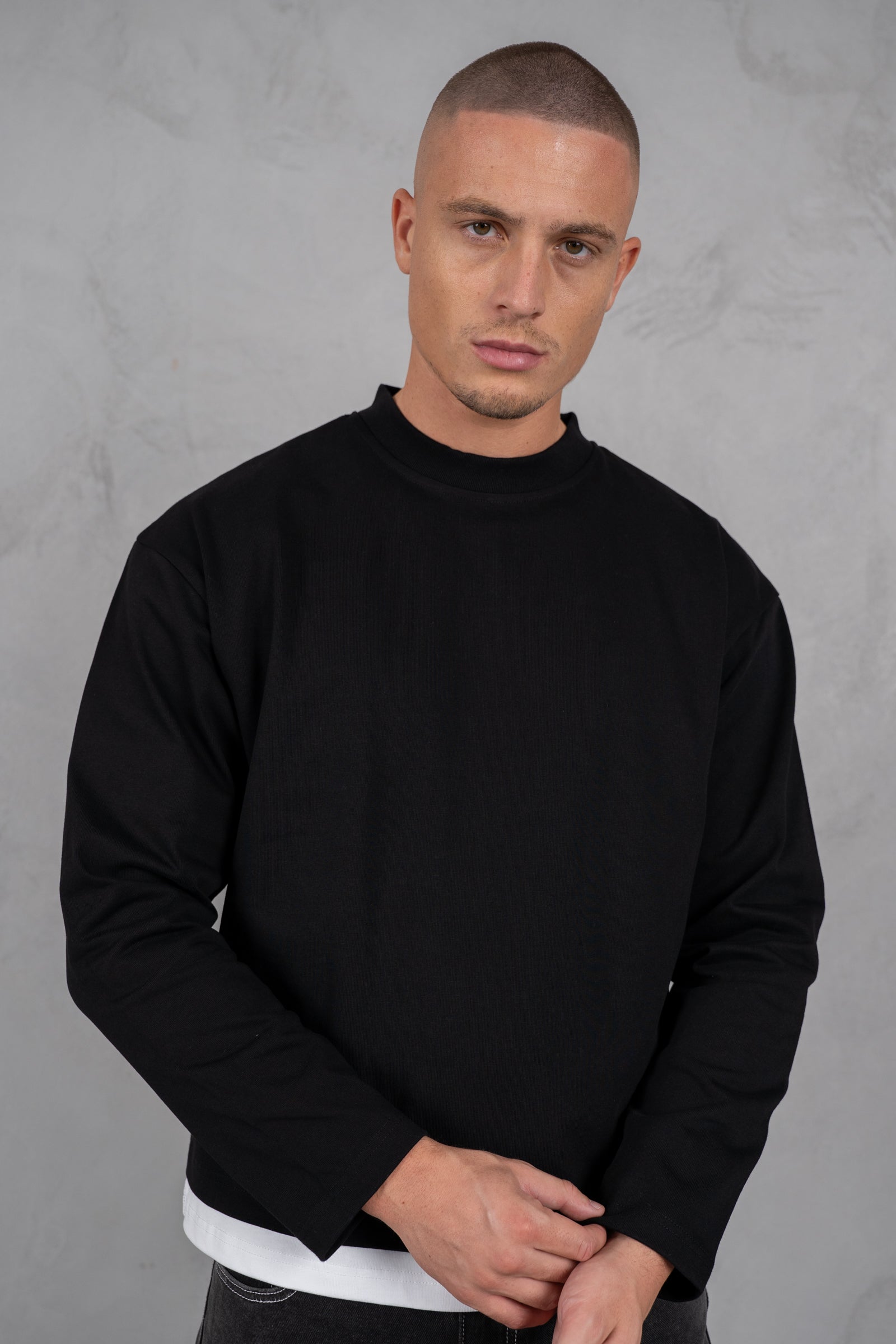 Double Layer Long Sleeve Boxy T-Shirt - Black