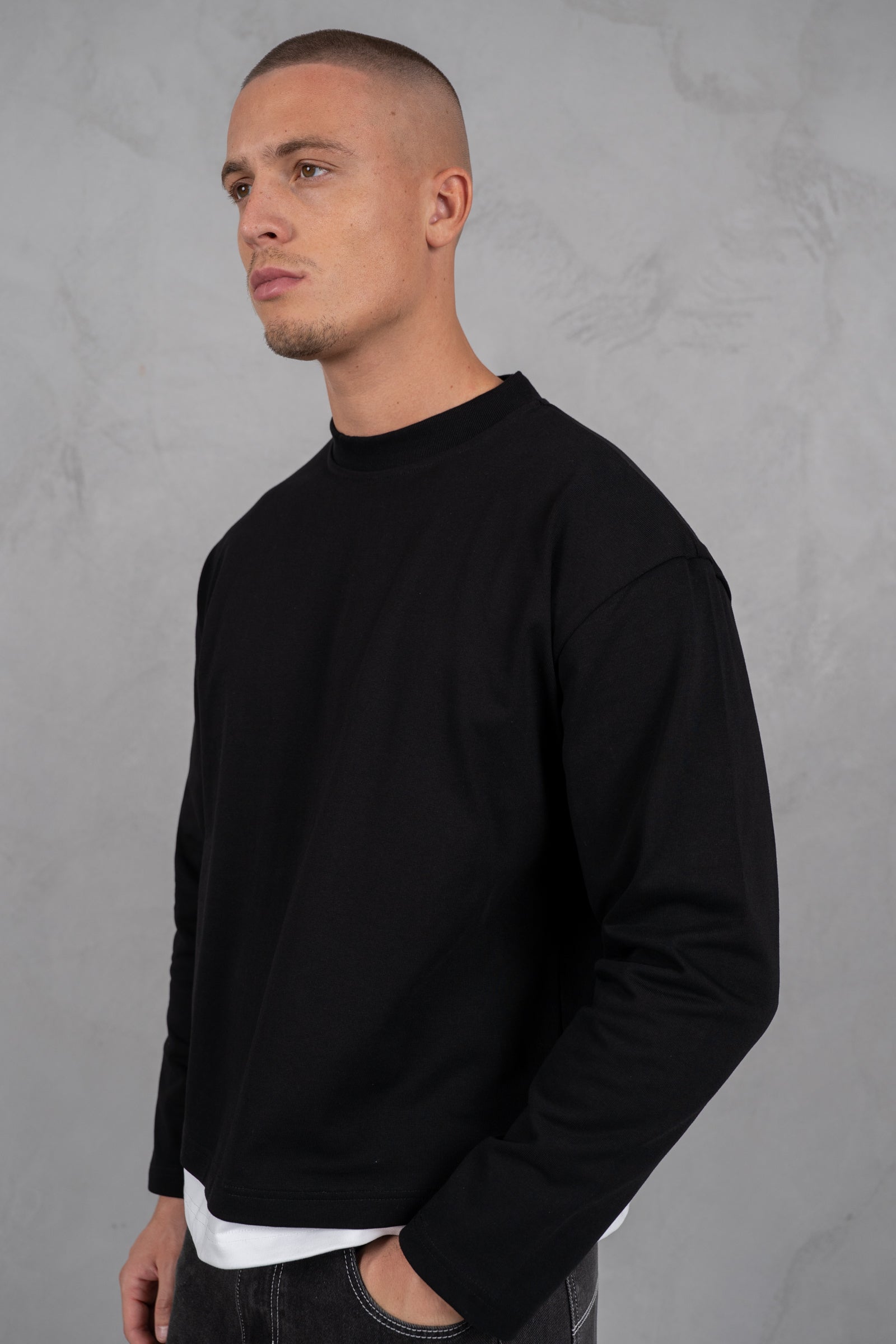 Double Layer Long Sleeve Boxy T-Shirt - Black